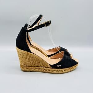Viscata Sandals Women 7 Black Suede Peep Toe Wedge Espadrille Ankle Strap Buckle